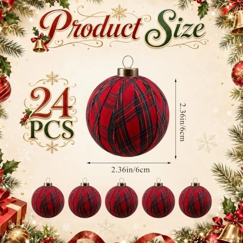 Hollowfly 24 Pcs 2.36 Inch Christmas Tartan Plaid Ball Ornaments Vintage Large Buffalo Plaid Balls Christmas Tree Hanging Ornament Rustic Ball Pendant Hanging Decor for Xmas Tree Party(Red) - Image 2