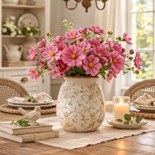 SIDUCAL Ceramic Vintage Pastoral Vase, 7.2 Inch Chinoiserie Floral Vase, Retro Ice Cracked Rustic Farmhouse Vases for Home Decor, Living Room, Bookshelf, Office, Tuscan Decor, Brown Floral - Image 2