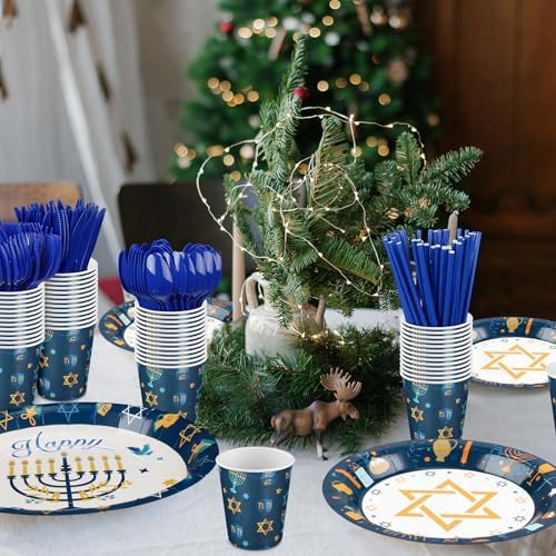 Hushee 400 Pcs Hanukkah Party Supplies Star Menorah Dreidel Tableware Set - Image 5