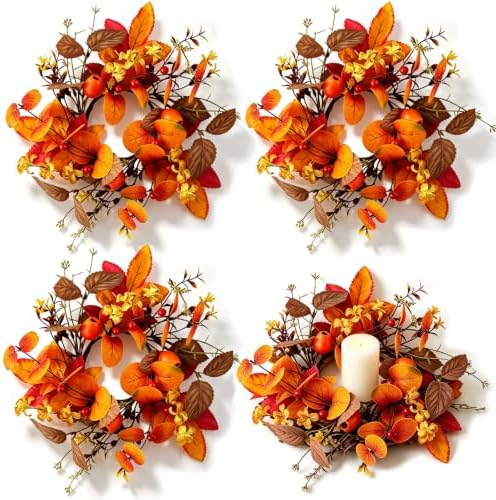 4 PCS Fall Candle Ring Wreaths Artificial Autumn Eucalyptus Candle Wreath with Leaves Berries Flowers Thanksgiving Farmhouse Harvest Wreath Candle Holder for Pillar Candles Table Centerpiece Decor by Unknown