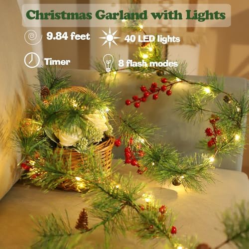 Christmas Garlands Lights 9.84FT 40 LED Smokey Pine Garlands with Lights Battery Operated Pine Cone Garland with Red Berry Bells Green Garland Christmas Decoration for Home Xmas Holiday Indoor Outdoor - Image 2