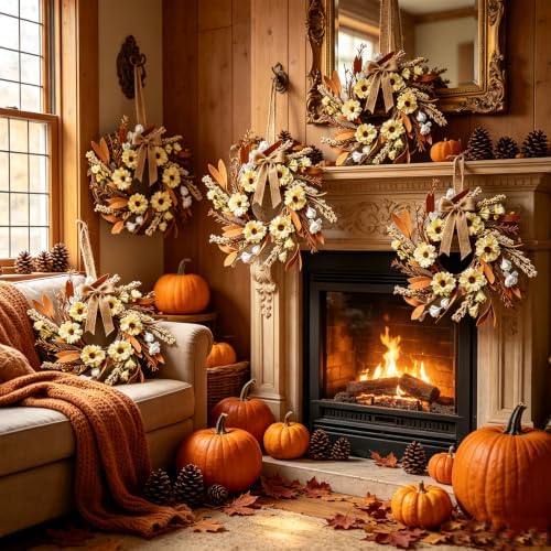 6 Pcs Small Fall Hanging Wreaths with Artificial Autumn Yellow Daisies Brown Foliage White Buds Beige Spikes Mini Cabinet Wreath for Home Table Centerpieces Kitchen Farmhouse Thanksgiving Party Decor - Image 4