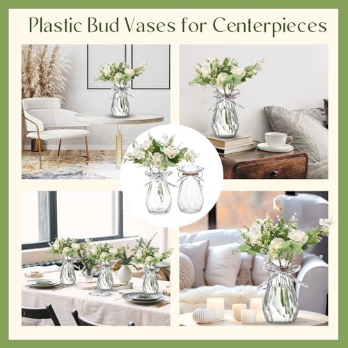 Bokon Small Plastic Bud Vases Bulk with Ribbon for Wedding, Clear, 12 Packs - Image 7