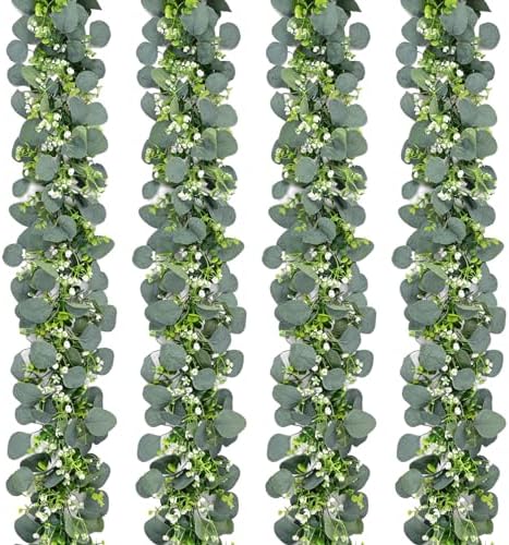 Waipfaru 4Pcs Eucalyptus Garland, 5.9FT Greenery Garland, Green Garland with Flowers, Artificial Faux Silver Dollar Eucalyptus Leaves Vines for Table Home Wedding Mantle Party Indoor Outdoor Decor by Waipfaru