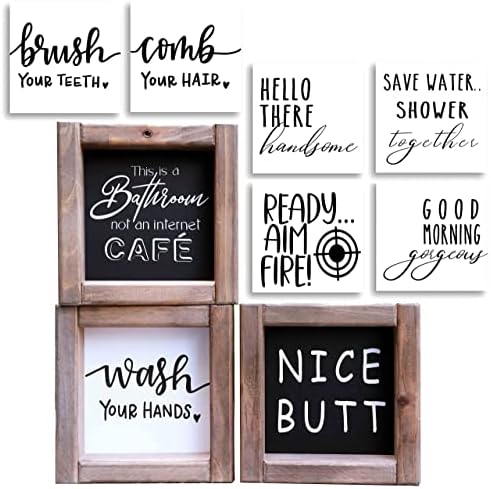 Funny Bathroom Signs Decor, Farmhouse Bathroom Decor with 9 Interchangeable Sayings, Rustic Accessories for Restroom Shelf Decor Sign for Kids Bathroom 6x6"，Black and White Restroom Decorations - Image 3