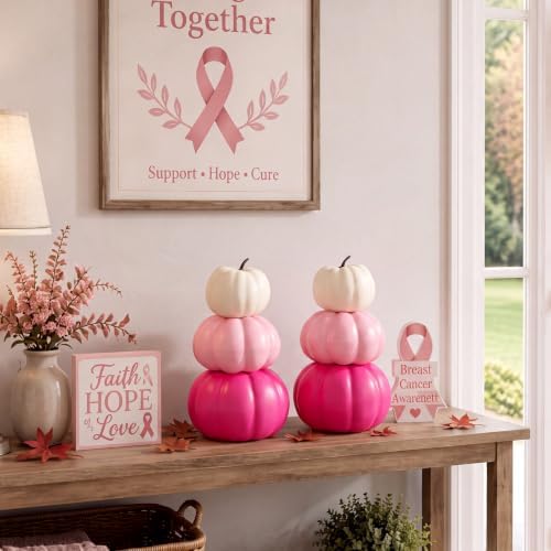 Marsui 2 Set 11.8'' Pink Stacked Pumpkins Breast Cancer Awareness Decor - Image 5