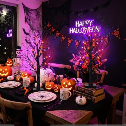 [Timer] 2 Pack Halloween Decorations Indoor, 24 Inch Lighted Black Halloween Tree with 24 Orange & Purple Lights, USB or Battery Powered Spooky Tabletop Tree for Home, Party, Fireplace & Holiday Decor - Image 7