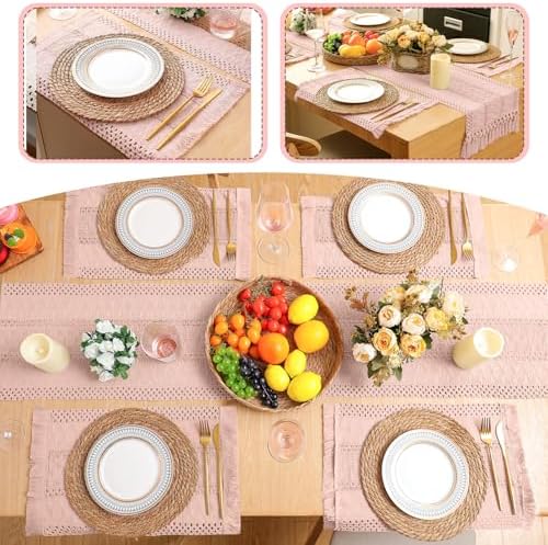 Boho Table Runner and Placemats Set, 6 Sets, Pink, 12x72 - Image 5