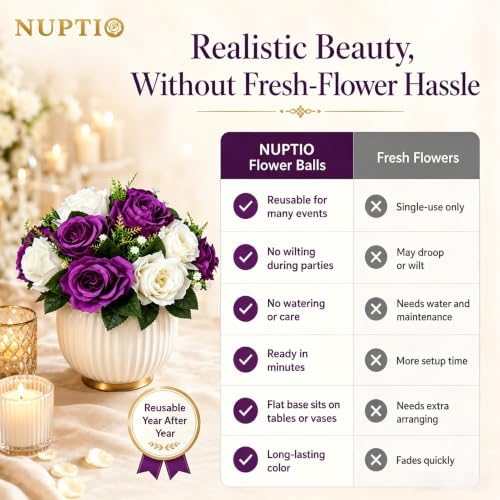 NUPTIO Flower Balls Centerpieces for Tables: 6 Pcs Purple White Fake Roses - Image 4