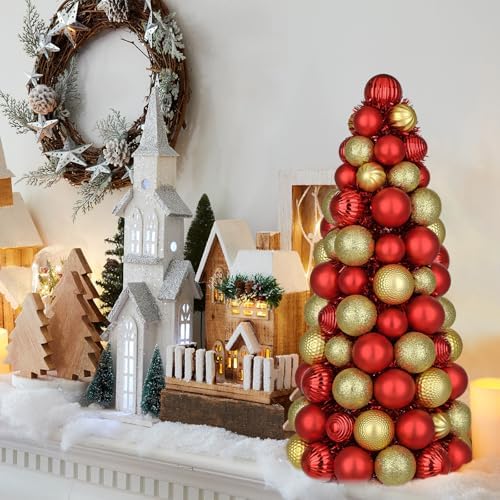 16" Tabletop Christmas Tree Small Red Gold Christmas Tree Decorations with 94 Shatterproof Ornaments Balls Christmas Centerpiece Mini Cone Xmas Tree for Holiday Party Wedding Table Desk Mantel Decor - Image 5