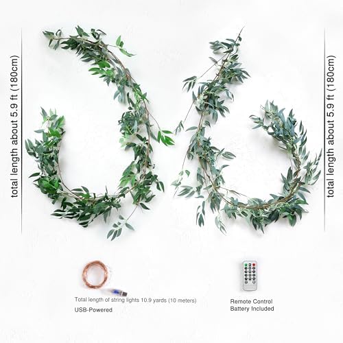 FiveSeasonStuff 2 Mix Greenery Garlands with 33 ft USB String Lights, Bendable Willow & Eucalyptus Vine for Wedding Backdrops, Fireplace Mantels and Party Decor - Image 6