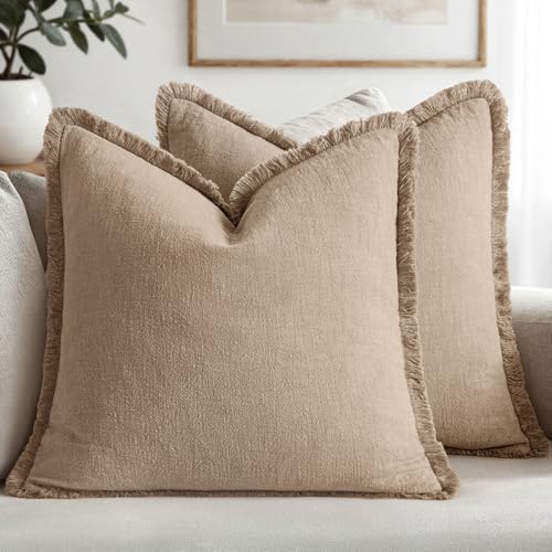MIULEE Boho Linen Fringe Decorative Euro Throw Pillow Covers Camel 24x24 by MIULEE