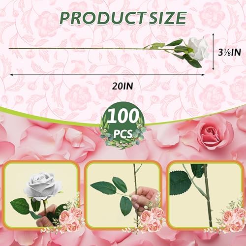 100 PCS Fake White Roses, Artificial Flowers Bulk, Silk Faux Ivory Roses - Image 2