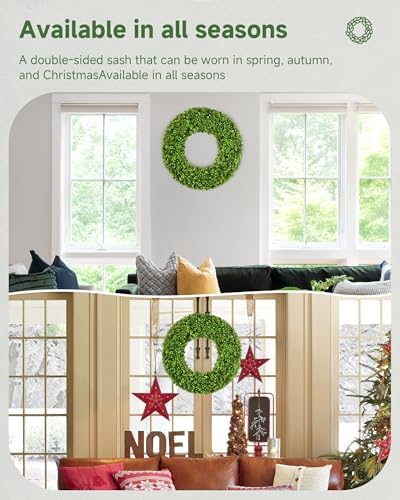 DDHS 19''Boxwood Wreaths for Front Door，Artificial Spring Wreaths for Farmhouse Wedding Green Year Round Indoor Outdoor for Fall Summer Christmas Wreath Home Decorations-Green - Image 4