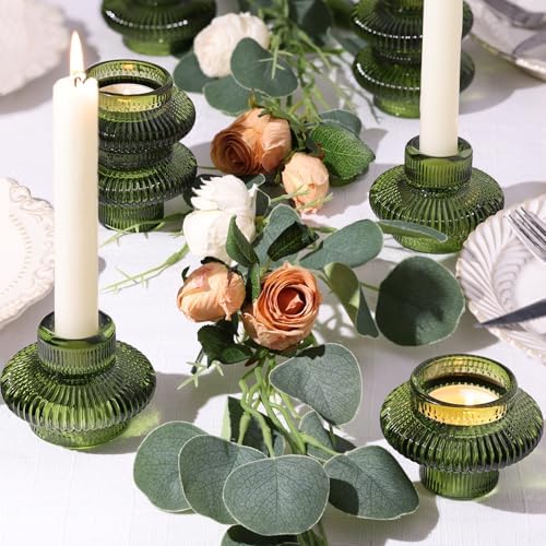 Green Taper Candle Holders Set of 8, Ribbed Glass Candlestick Holders - Image 2