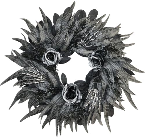 24 Inch Black and Silver Rose Halloween Wreath with 3 Skeleton Hands by BINFEN