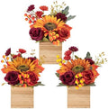 Dining Table Centerpiece Set of 3 - Fall Centerpieces for Tables with Wooden Vase - Boho Fake Rose Bouquets Floral Arrangements Small Faux Silk for Wedding Party Bathroom Home Décor, Orange by SEMONONIA