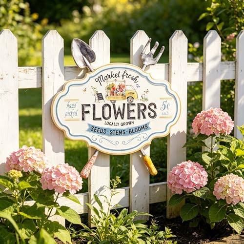 Vintage Metal Garden Sign, Decorative Wall Decor with Shovel & Rake Accents - "Market Fresh Flowers" Rustic Farmhouse Wall Art for Outdoor, Porch, Patio, 18.3" x 17.72" - Image 4
