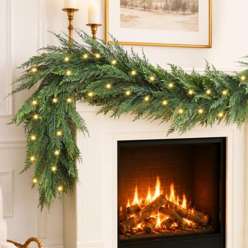 9FT Christmas Cedar Garland with Lights, Full Layered Greenery by Zilithra