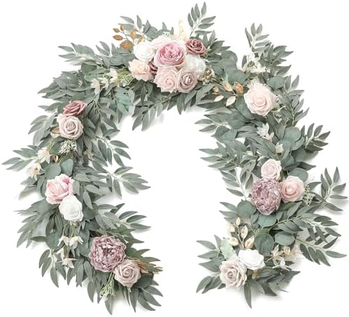 Floroom 6ft Artificial Eucalyptus Garland with Flowers Fake Greenery Faux Floral Vine Garland for Table Decor Wedding Centerpieces Bridal Shower Party Decorations, Garden Dusty Rose by Floroom