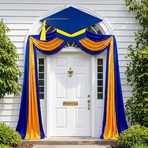 Batiyeer 3 Pcs Graduation Porch Decorations Class of 2026, 32.8 x 1.64 ft Large Graduation Blue Yellow Door Frame Decor with Diploma Cap for Congrats Grad School College Porch Flag Outdoor Party by Batiyeer