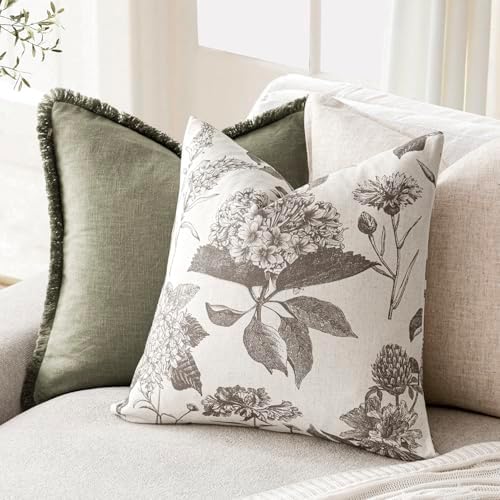 Foindtower Set of 2 Linen Floral Throw Pillow Covers Vintage Accent Print Decorative Cushion Covers Farmhouse Boho Home Decor for Sofa Chair Couch Bedroom Living Room,24×24 Inch,Light Gray - Image 4