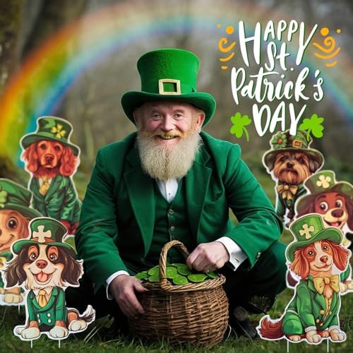 6 Pcs St. Patrick's Day Yard Sign Dogs Decorations Green Plaid Glitter Outdoor Lawn Sign with Stakes for St. Patrick's Day Home Garden Irish Decorations Party Decor (6 pack dogs) - Image 2