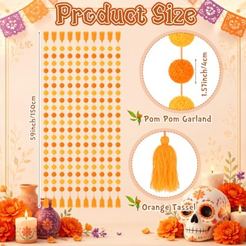 Yalikop 10 Pcs Pom Pom Garland 5 ft Diwali Party, Orange,Yellow - Image 2