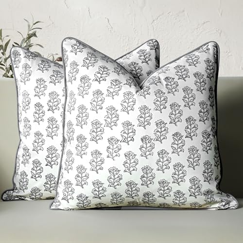 CPC Misty Grey Floral Block Print Throw Pillow Covers 20x20 Inch, Set of 2 by COTTONPRINTCLUB