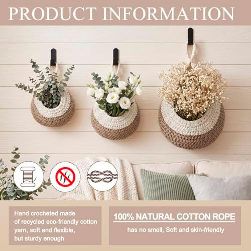 Honeydak 3 Hanging Baskets, White with Light Linen, Teardrop, Cotton Rope - Image 3