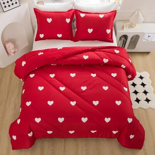 Caressma Love Comforter Set Full Size - Cute White Heart Print Red Bedding Comforter 3 Pieces Matching Pillowshams by Caressma