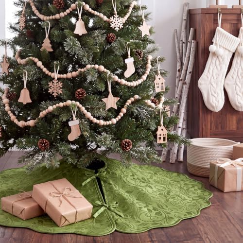 Velvet Christmas Tree Skirt Decor, 60 Inches, Scalloped Edge, Olive Green - Image 6