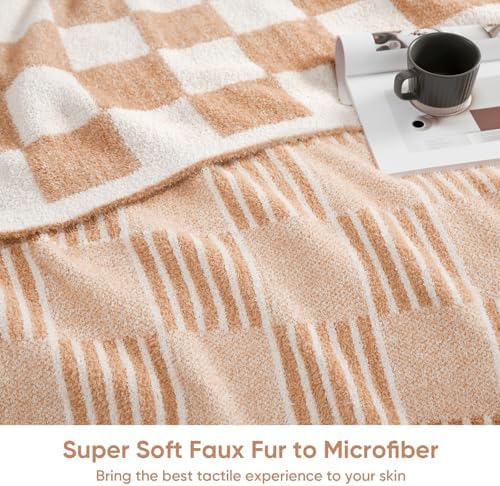 Snuggle Sac Checkered Throw Blanket Faux Fur Microfiber Blankets for Couch,Reversible Soft Cozy Warm Blanket for Sofa Bedroom,Cute Lightweight Striped Throws for Women,Heather Beige,60x80 inches - Image 4