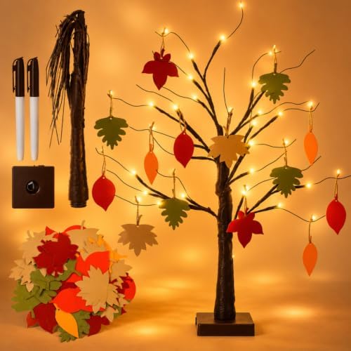 Briwooody 24'' Lighted Thanksgiving Gratitude Tree Kit, Brown Thanful Tree with 60 Leaves, Hemp Ropes & Pens, DIY Fall Decoration for Autumn Table Centerpiece Thanksgiving Gift (Battery Not Included) by Briwooody