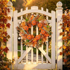 24 Inch Orange Fall Wreath, Woven Pumpkin Artificial Autumn Wreath with Maple Leaves, Eucalyptus, Berries and Grapevine Base for Front Door, Thanksgiving, Farmhouse Decor - Image 3