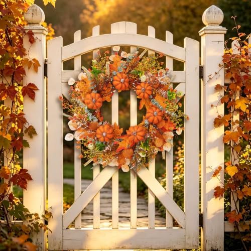 24 Inch Orange Fall Wreath, Woven Pumpkin Artificial Autumn Wreath with Maple Leaves, Eucalyptus, Berries and Grapevine Base for Front Door, Thanksgiving, Farmhouse Decor - Image 3
