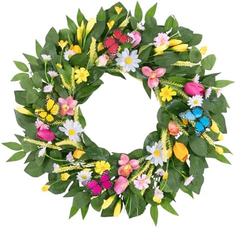 U'Artlines 22 Inch Tulip Wreath for Front Door, Spring Summer Silk Wreath with Green Leaves Colorful Butterfly Artificial Tulip Flower Wreaths for All Seasons Window Wall Wedding Valentines Day Decor by UArtlines