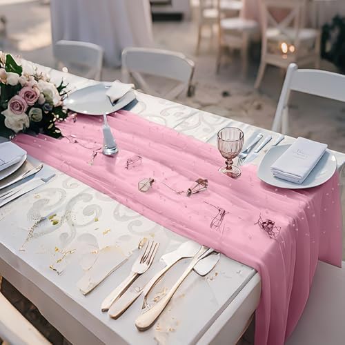 6 Pcs Pearl Tulle Table Runners Bohemian Country Tulle Lace Table Runner 120 Inch 10 Ft White Champagne Pink Lace Fabric for Home Dining Wedding DIY Craft - Image 5