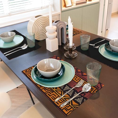 African Clay Cloth Placemats Set of 6, Tribal Ethnic Boho Geometric Elements Design, Kitchen Dining Room Non-Slip Insulation, 12x18 Inches - Image 4