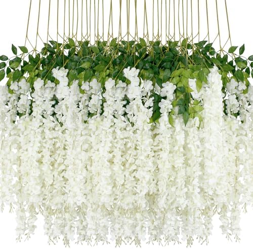 108Pcs Artificial Wisteria Flowers 3.6 Feet/Piece White Dense Artificial Fake Wisteria Vine Ratta Hanging Garland Silk Flowers String Home Party Wedding Decor(White-Dense) by HanYun