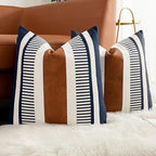 Set of 2 Navy Blue and White Boho Throw Pillow Cover, Faux Leather Modern Couch Pillow Covers 22x22 inch Farmhouse Stripe Pillowcase for Sofa Bedroom Living Room by Vfuty