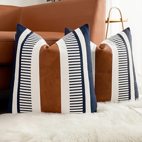 Set of 2 Navy Blue and White Boho Throw Pillow Cover, Faux Leather Modern Couch Pillow Covers 22x22 inch Farmhouse Stripe Pillowcase for Sofa Bedroom Living Room by Vfuty