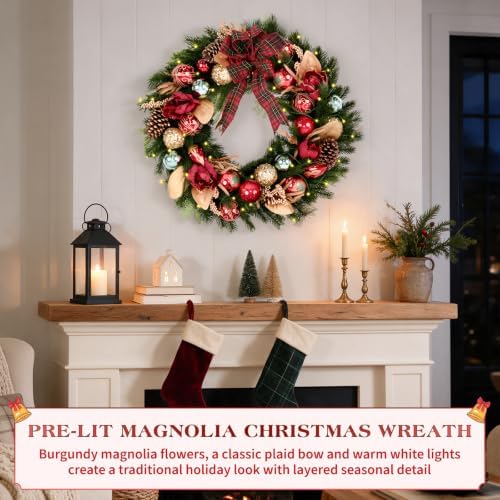 Hykolity 28 Inch Pre-Lit Magnolia Christmas Wreath, Battery Operated Lighted Wreath with 50 Warm White LEDs, Timer, Burgundy Flowers, Plaid Bow, Ornaments and Pinecones for Front Door - Image 2