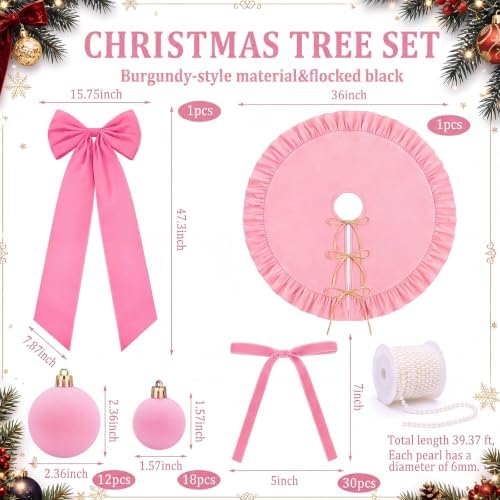 Riceshoot 63 Pcs Pink Velvet Christmas Tree Decorations Set - Image 2
