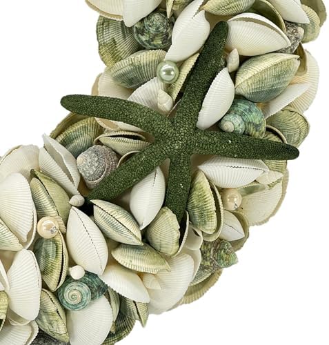 Natural Seashell Wreath w/Shells, Starfish, Pearls, Sea Snails - Spring & Summer Coastal Decor Beach House Indoor Door Wreath, 18in Green - Image 4