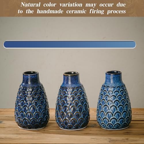 Ceramic Flower Vase, 9.06” Vintage Blue Pottery Vase for Home Decor, Rustic Textured Vase for Pampas Grass, Living Room, Entryway, Mantel, Kitchen Table, Centerpiece - Image 4