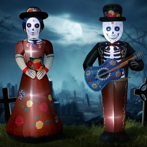 Fourluoo 2 Pcs 4.9 ft Dia De Los Muertos Inflatable Outdoor Decoration Day of The Dead Light up Blow up Sugar Skull Halloween Inflatable Couple Groom and Bride Yard Decoration for Garden Lawn Decor - Image 4