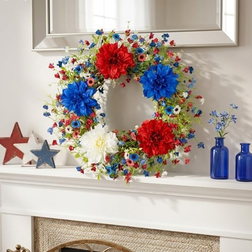 VioletEverGarden 22 Inch 4th of July Wreaths for Front Door Artificial Patriotic Wreath Red White and Blue Wreath with Dahlia for Independence Day Memorial Day Flag Day Decor - Image 4