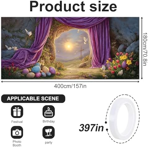 6x13 FT Easter Resurrection Garage Door Banner -Cross & Sunrise Scene with Purple Curtain,Large Indoor Outdoor Garage Door Cover, Holiday Decoration for Home, Yard, Church Event - Image 2