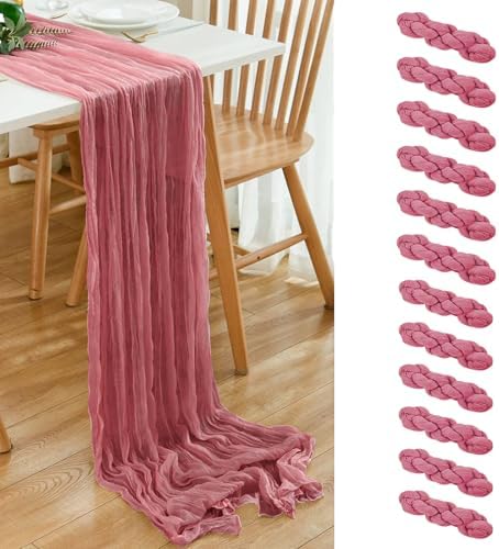 12 Pack Dusty Rose 10 Ft Cheesecloth Table Runner 20x120 Inch Boho Wrinkled Sheer Romantic Gauze Decor for Wedding, Bridal Shower, Birthday Party by Dspoot